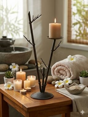 Metal Bronze Asian inspired Bamboo pillar candle holder 24"